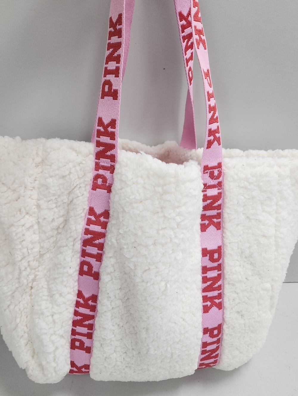 PINK Victoria's Secret Sherpa Tote Bag in White and Pink